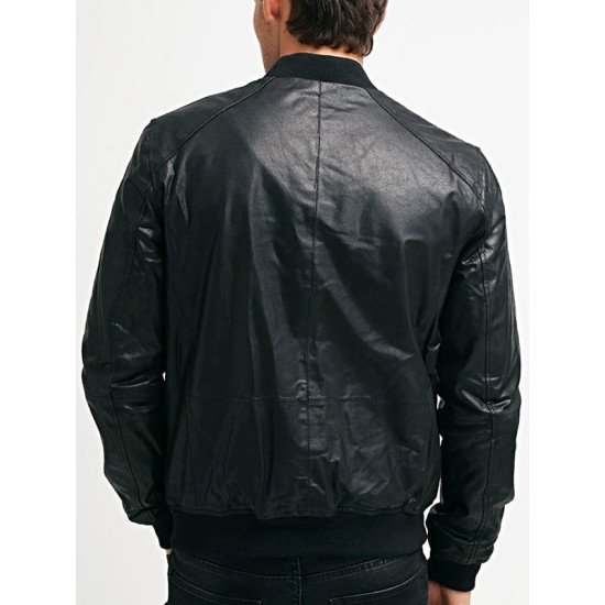 Men's Real Sheepskin Leather Bomber Jacket Solid Black