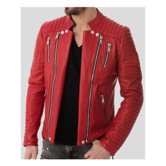 Men's Red Quilted Four Zipper Leather Jacket