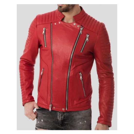 Men's Red Quilted Four Zipper Leather Jacket