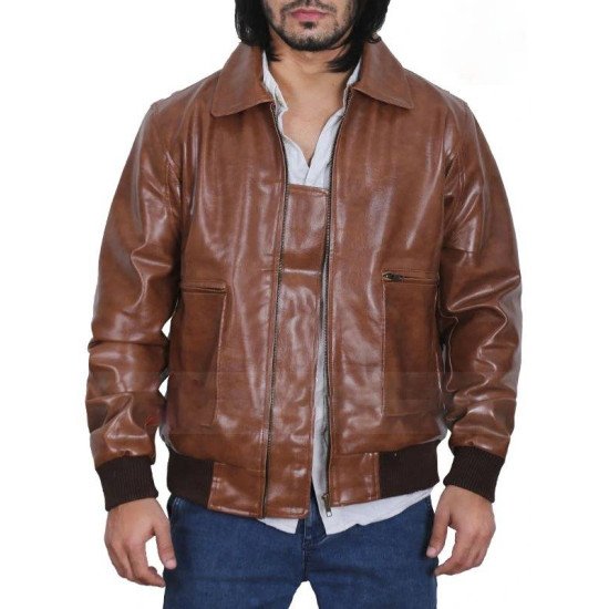 Men's Shirt Collar Distressed Brown Leather Bomber Jacket