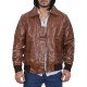 Men's Shirt Collar Distressed Brown Leather Bomber Jacket