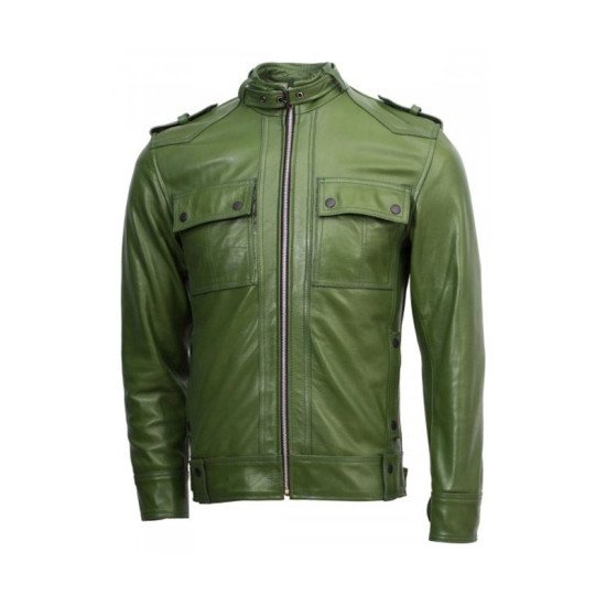 Men's Slim Fit Green Leather Biker Jacket