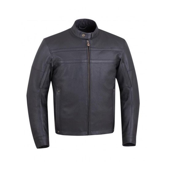 Men's Snap Tab Collar Black Motorcycle Leather Jacket