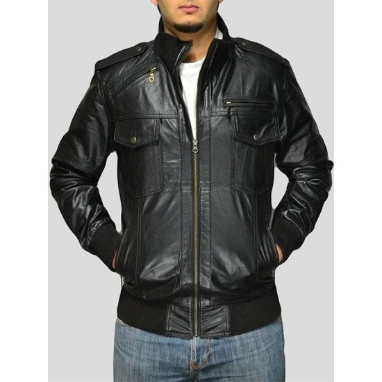 Men's Standing Collar Black Leather Bomber Jacket