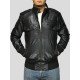 Men's Standing Collar Black Leather Bomber Jacket