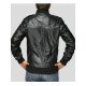 Men's Standing Collar Black Leather Bomber Jacket