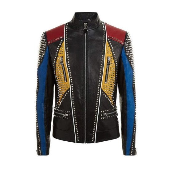 Men's Studded Multicolor Slimfit Leather Jacket