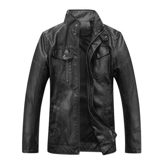 Men's Vintage Black Standing Collar Leather Jacket