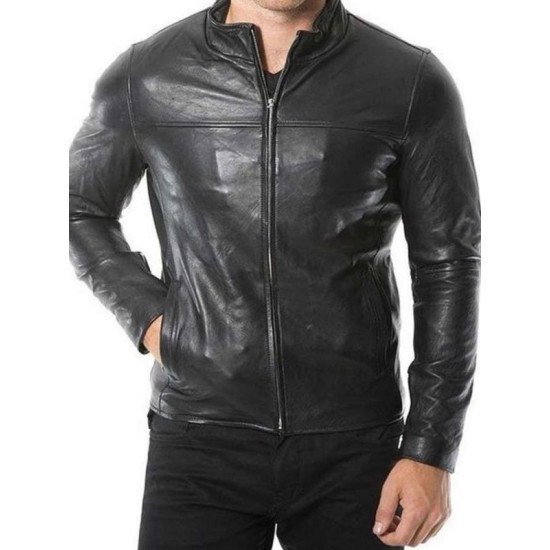 Mens Black Café Racer Plain Leather Jacket