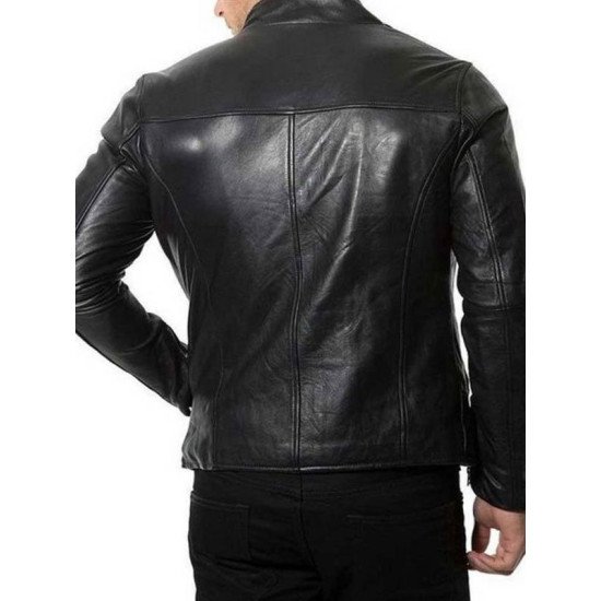 Mens Black Café Racer Plain Leather Jacket