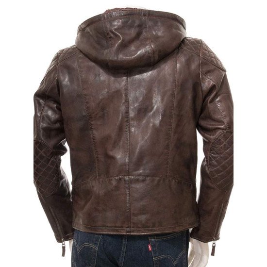 Mens Brown Leather Jacket With Removable Hood