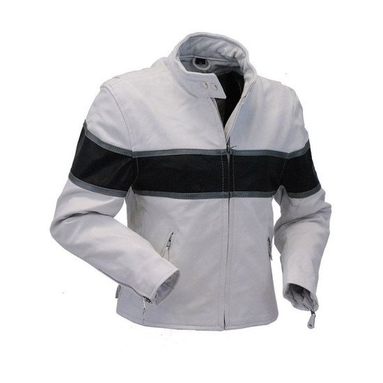 Mens Classic White Scooter Leather Jacket With Black Stripe