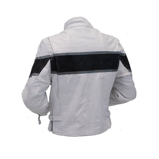 Mens Classic White Scooter Leather Jacket With Black Stripe