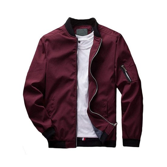 Mens Slim Fit Maroon Cotton Bomber Jacket