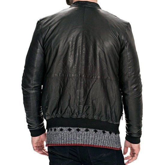 Mens Slim Fit Sheepskin Leather Bomber Jacket Black