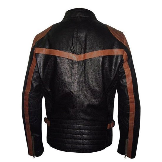 Men’s Black Leather Moto Biker Jacket With Brown Stripes