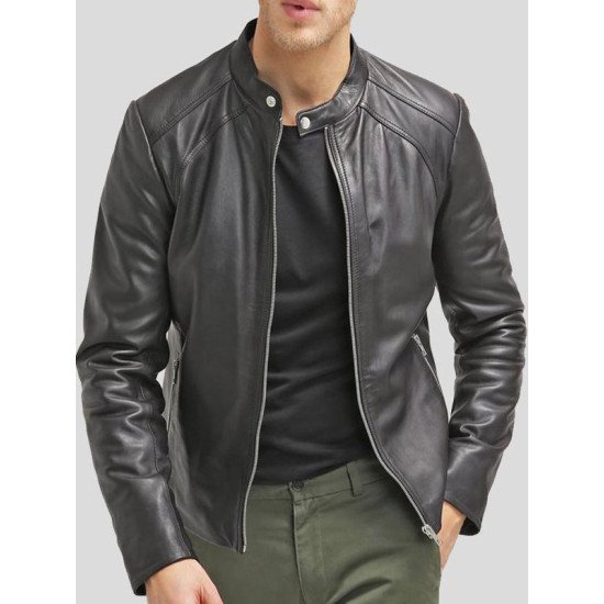 Men’s Cafe Racer Black Slim Fit Leather Biker Jacket