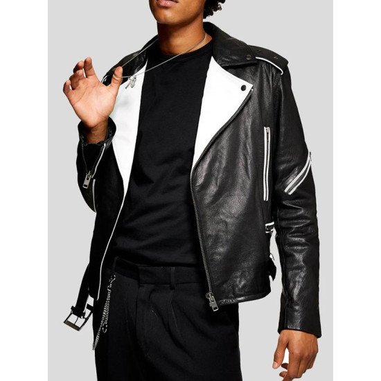 Men’s Leather Motorcycle Biker Jacket (Black & White)