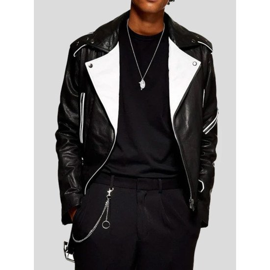 Men’s Leather Motorcycle Biker Jacket (Black & White)