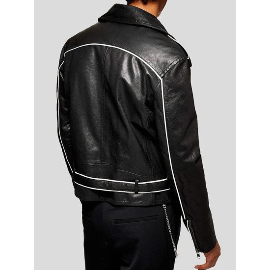 Men’s Leather Motorcycle Biker Jacket (Black & White)