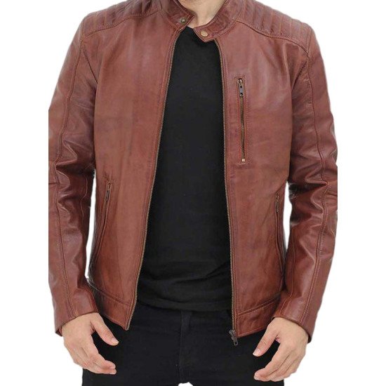 Men’s Padded Brown Leather Biker Jacket