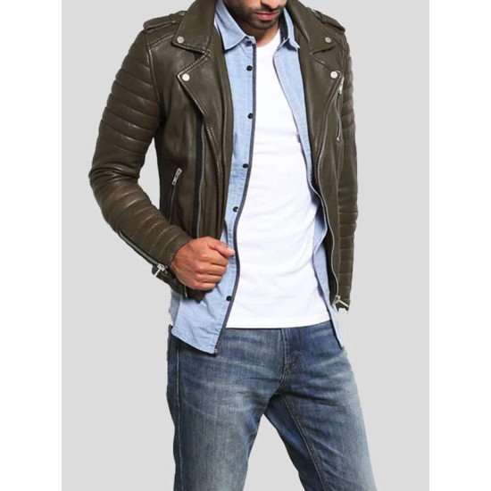 Men’s Quilted Leather Motorcycle Jacket (Brown)