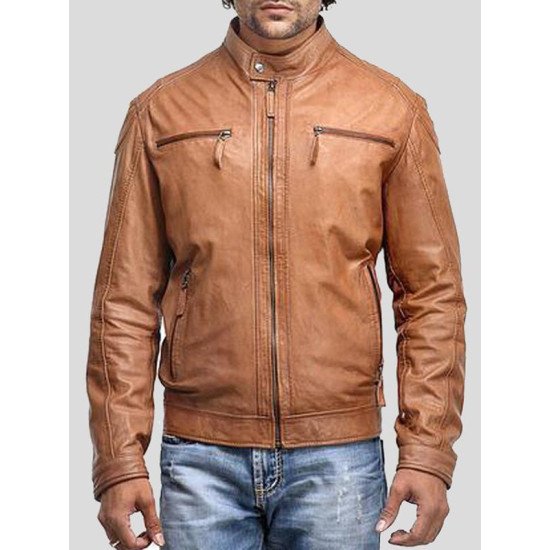 Men’s Tan Brown Leather Motorcycle Jacket with Four Zipper Pockets