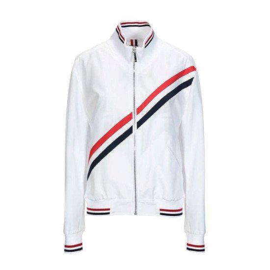 Men’s White Bomber Leather Jacket with Blue & Red Stripes