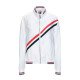 Men’s White Bomber Leather Jacket with Blue & Red Stripes