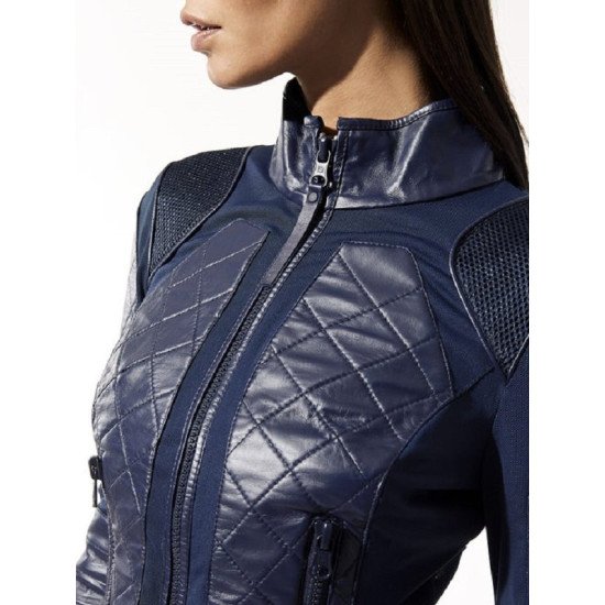 Navy Blue Quilted Biker Leather Jacket For Women