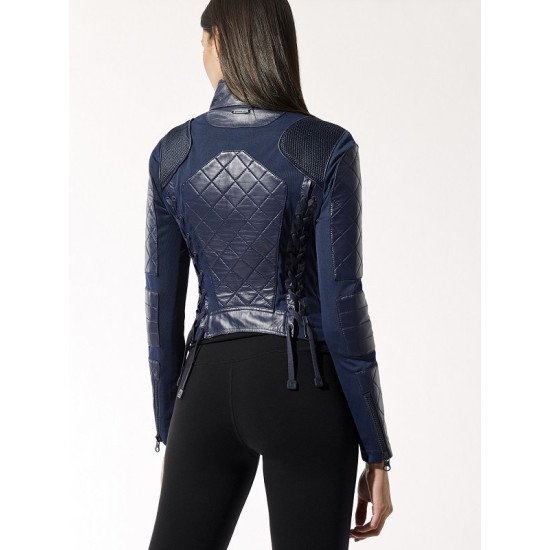 Navy Blue Quilted Biker Leather Jacket For Women