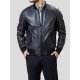 Rib Knitted Collar Black Bomber Leather Jacket For Men