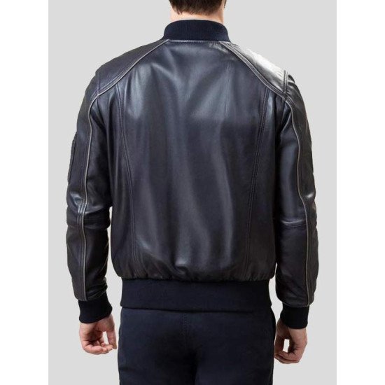 Rib Knitted Collar Black Bomber Leather Jacket For Men