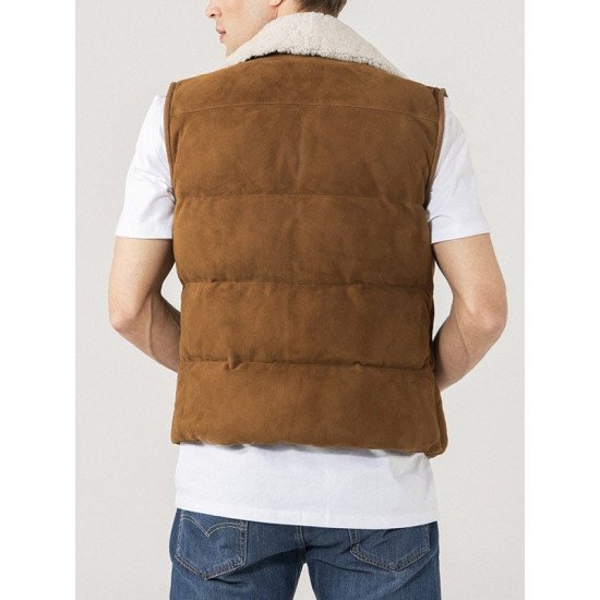 Shearling Collar Brown Suede Leather Vest for Men