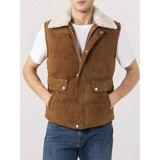 Shearling Collar Brown Suede Leather Vest for Men