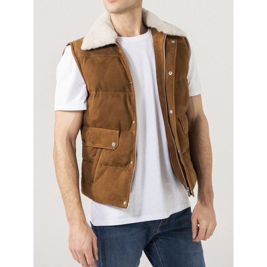 Shearling Collar Brown Suede Leather Vest for Men