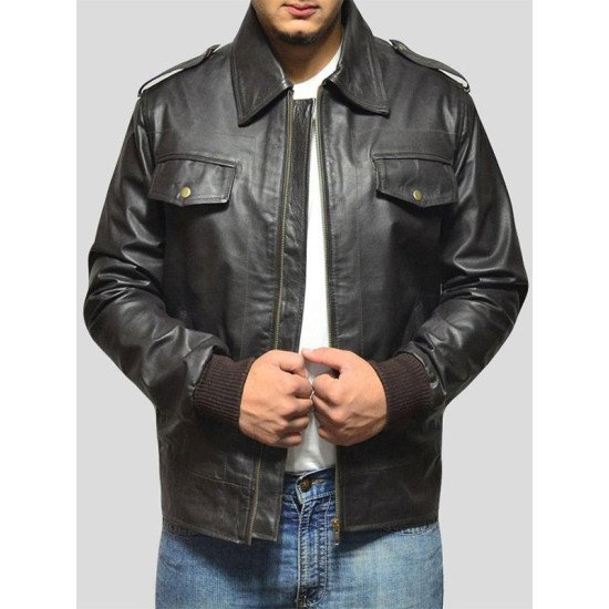 Shirt Collar Black Bomber Leather Jacket for Men