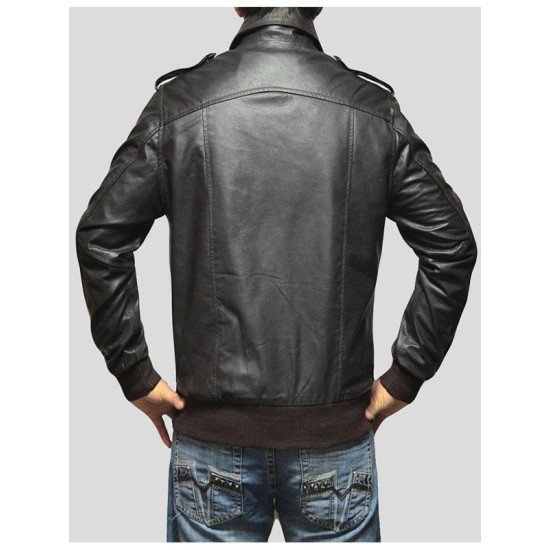 Shirt Collar Black Bomber Leather Jacket for Men