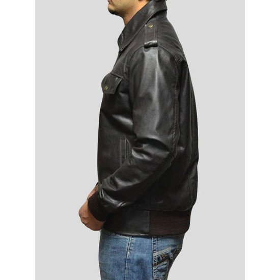 Shirt Collar Black Bomber Leather Jacket for Men