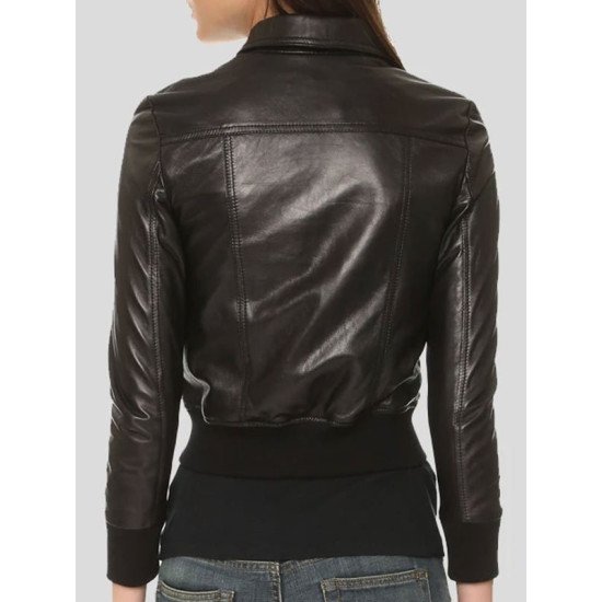 Shirt Collar Bomber Black Leather Jacket