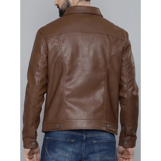 Shirt Collar Brown Leather Jacket for Mens