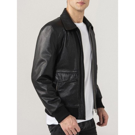 Shirt Style Collar Black Leather Bomber Jacket For Mens