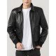 Shirt Style Collar Black Leather Bomber Jacket for Men