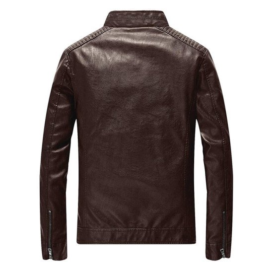 Slim Brown Leather Biker Jacket For Men