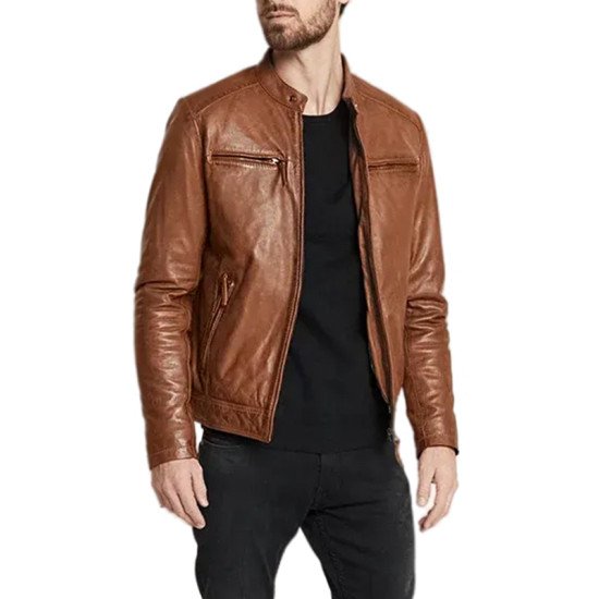 Slim Fit Brown Leather Biker Jacket for Men