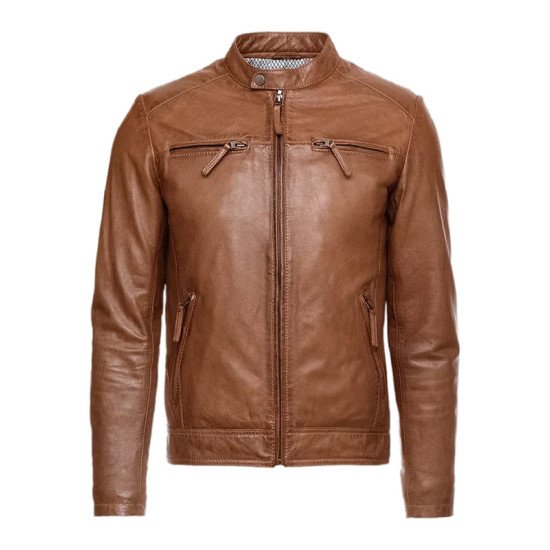 Slim Fit Brown Leather Biker Jacket for Men