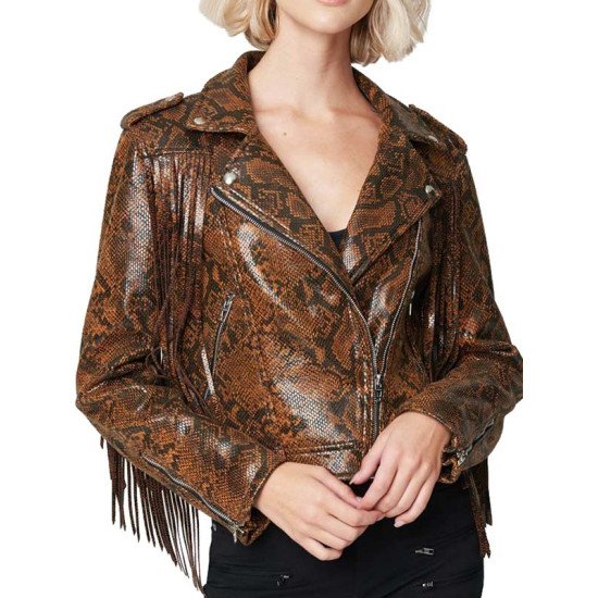 Snake Skin Brown Fringed Leather Jacket Women