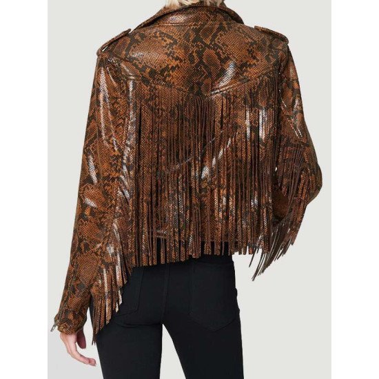 Snake Skin Brown Fringed Leather Jacket Women