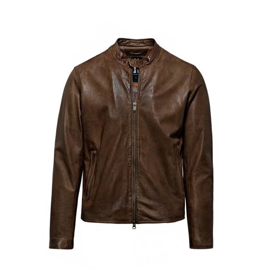 Snap Tab Collar Chocolate Brown Leather Jacket for Men