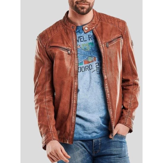 Snap Tab Collar Crinkle Brown Leather Biker Jacket For Men